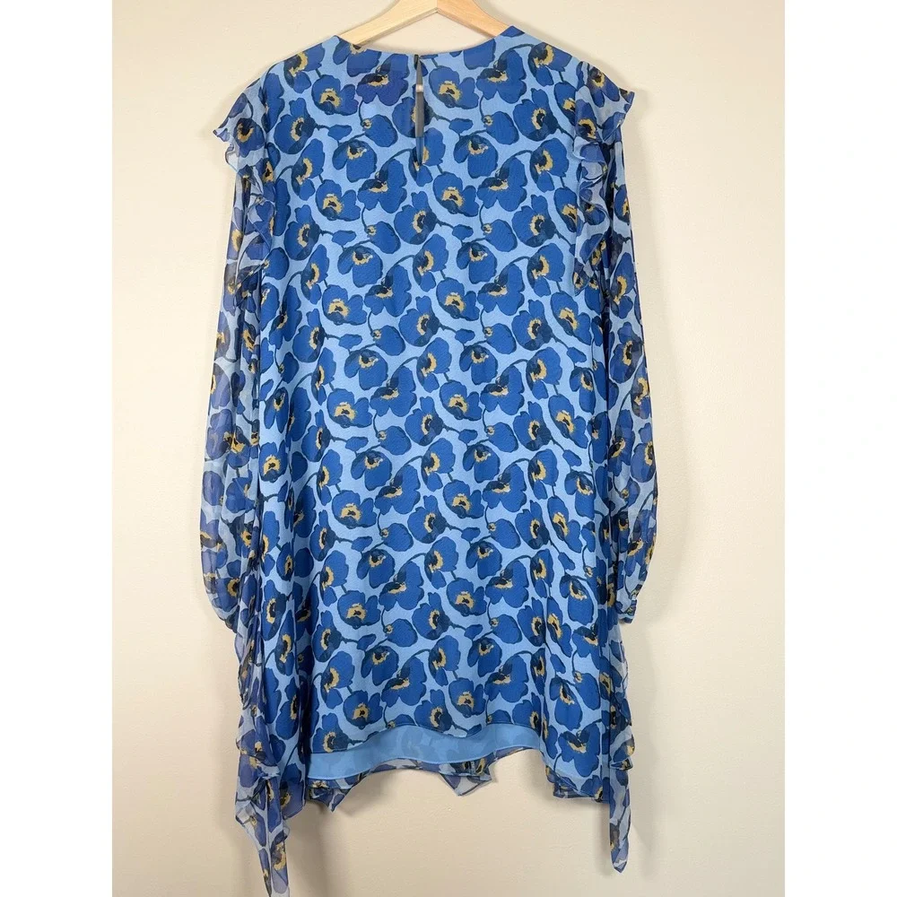 Carolina Herrera Floral Silk Chiffon Ruffle A-Line Mini Dress Blue Print Size 10 - Picture 10 of 15